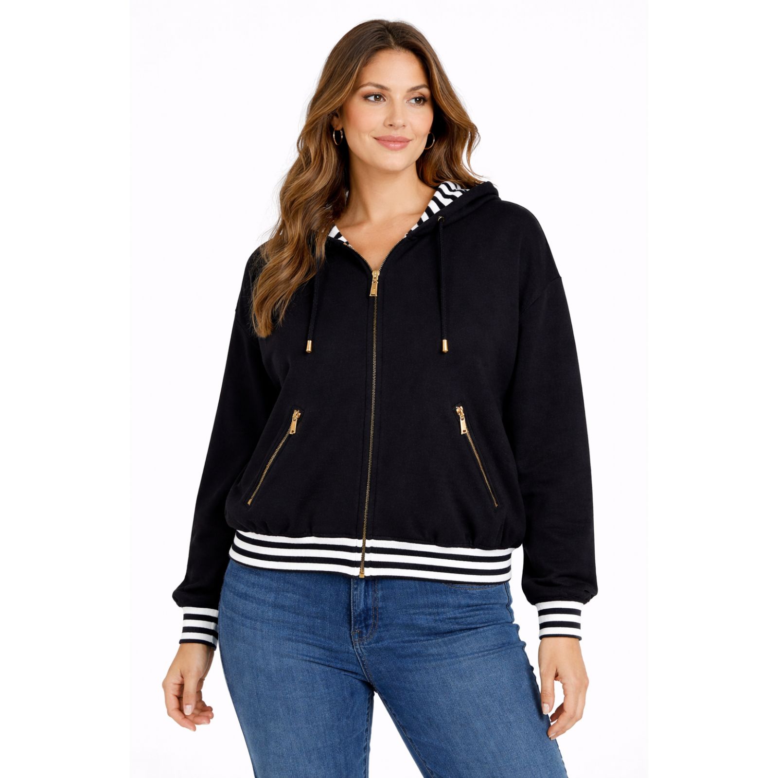 Escada Sport Black Zip Hooded Sweatshirt Jacket With Striped Lining Size Large